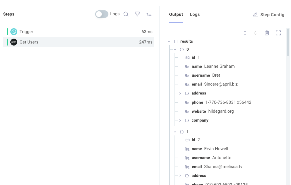 HTTP GET step results